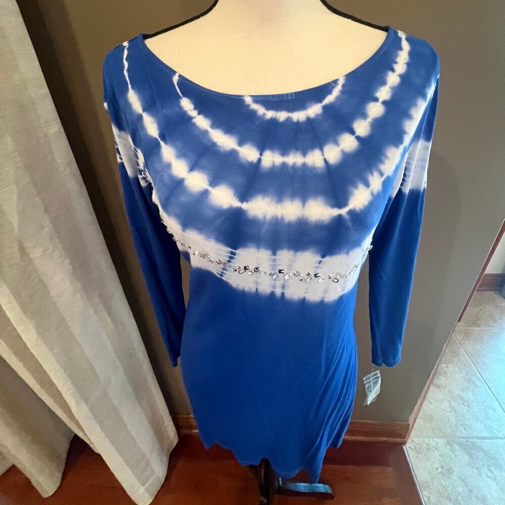 NWT INC Women's Tie Dye Blue & White w/silver sequin Long sleeve, Size Large